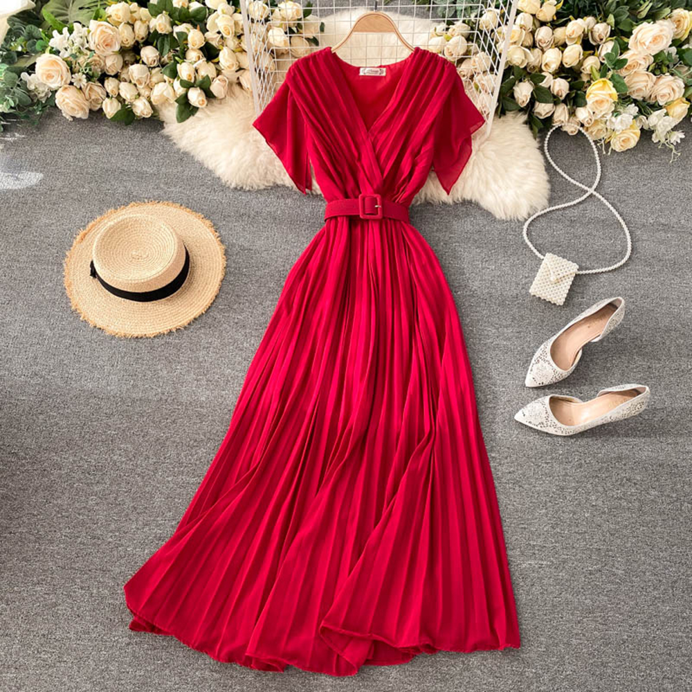 Elegant Puff Sleeves and Waist Belt Midi Dress