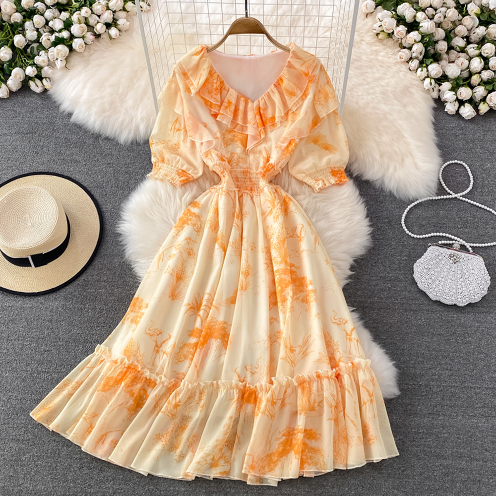 Women's holiday casual sexy V-neck printed lace-up midi dress main image 0